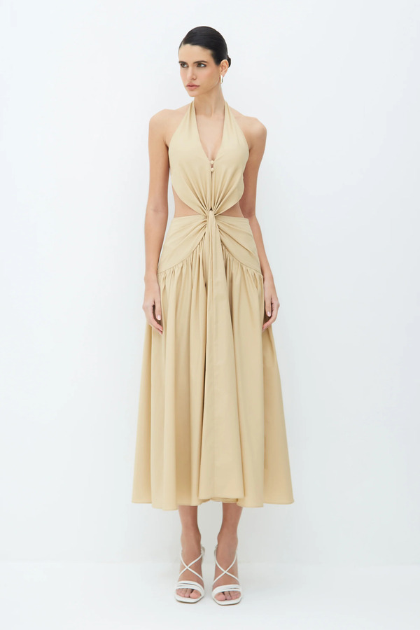 VESTIDO MIDI BEIGE MIEL CON GIRO Y LAZO DELANTERO