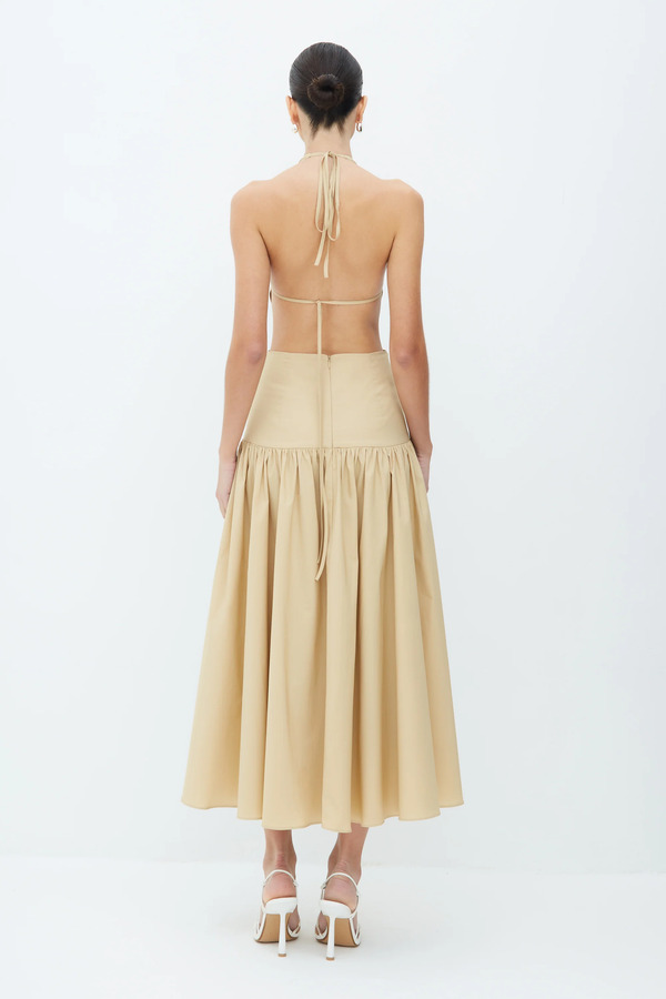 VESTIDO MIDI BEIGE MIEL CON GIRO Y LAZO DELANTERO - Imagen 2