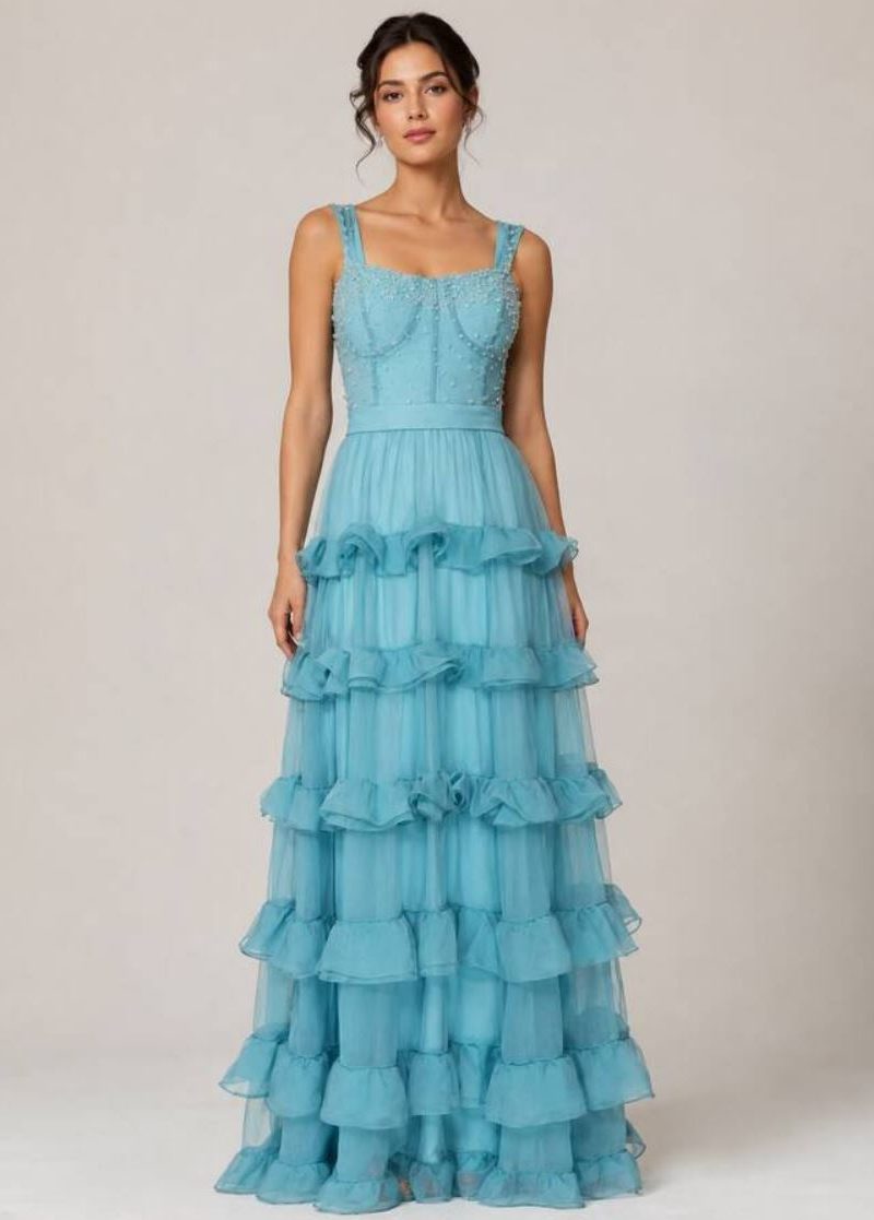 VESTIDO LARGO BORDADO SILKY SWEET LUCY AZUL